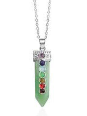 Silver Green Aventurine 7 Chakra Healing Crystal Gemstone Pointed Necklace Charm
